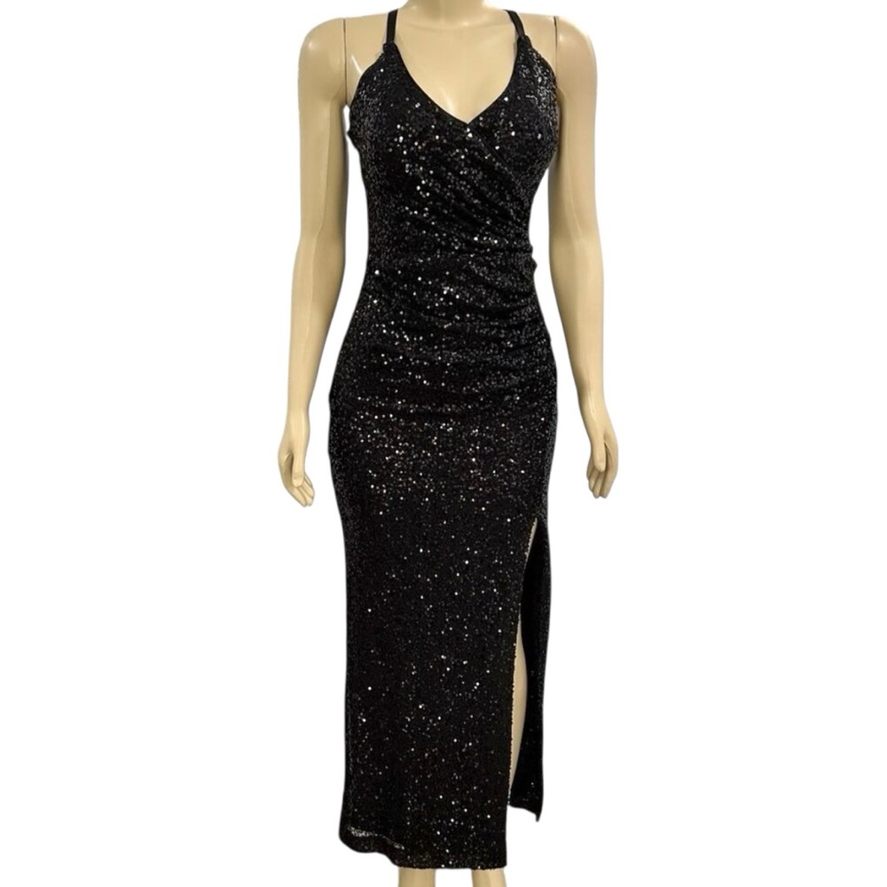 Eliza J Black Sequin Ruched Maxi Dress with Side Slit